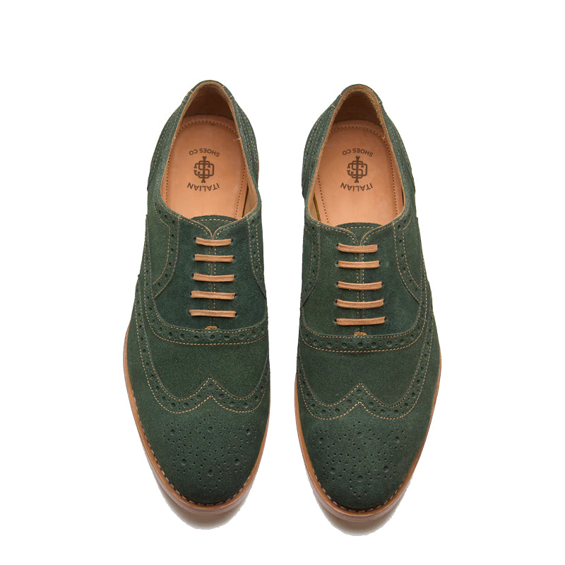 Classic Design Suede Wingtip Leather Oxford Shoe Olive Green