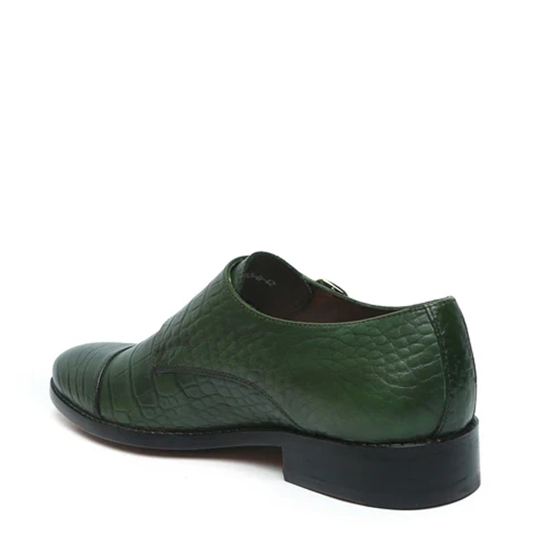 Croco Textured Leather Double Monk Green Shoe