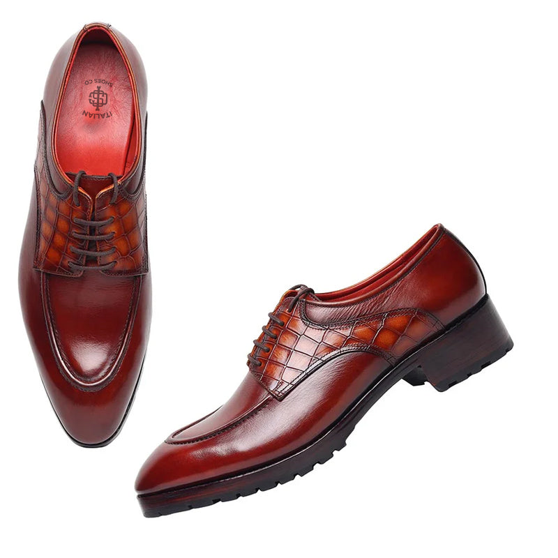 Patina Croco Textured Pattern Leather Derby Shoe Cherry
