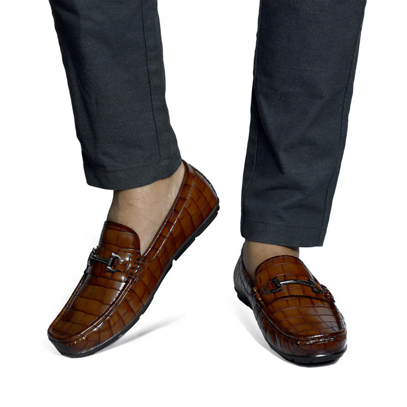 Croco Pattern Leather Horsebit Buckled Black Loafer