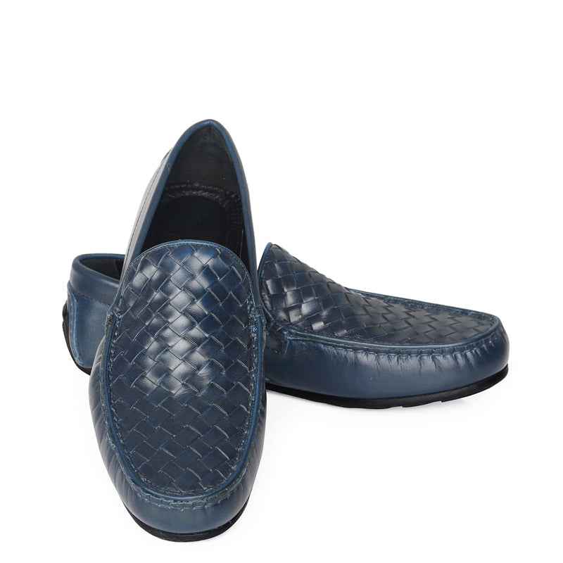 Weaved Textured Shiny Leather Driving Black Loafer