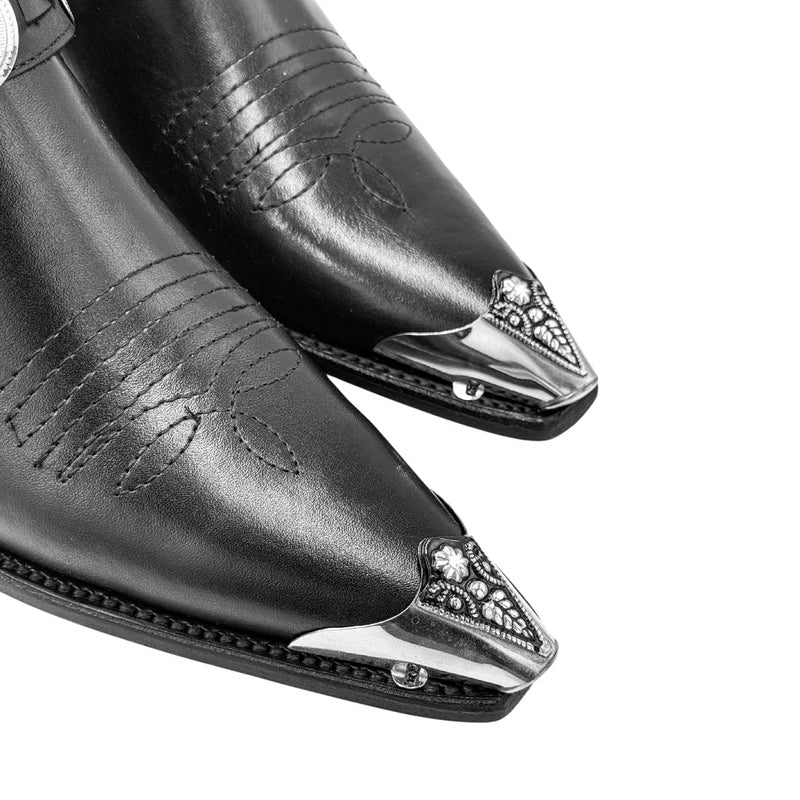 Luxury Leather Black Metal Toe Cap Cuban Heel Leather Boots