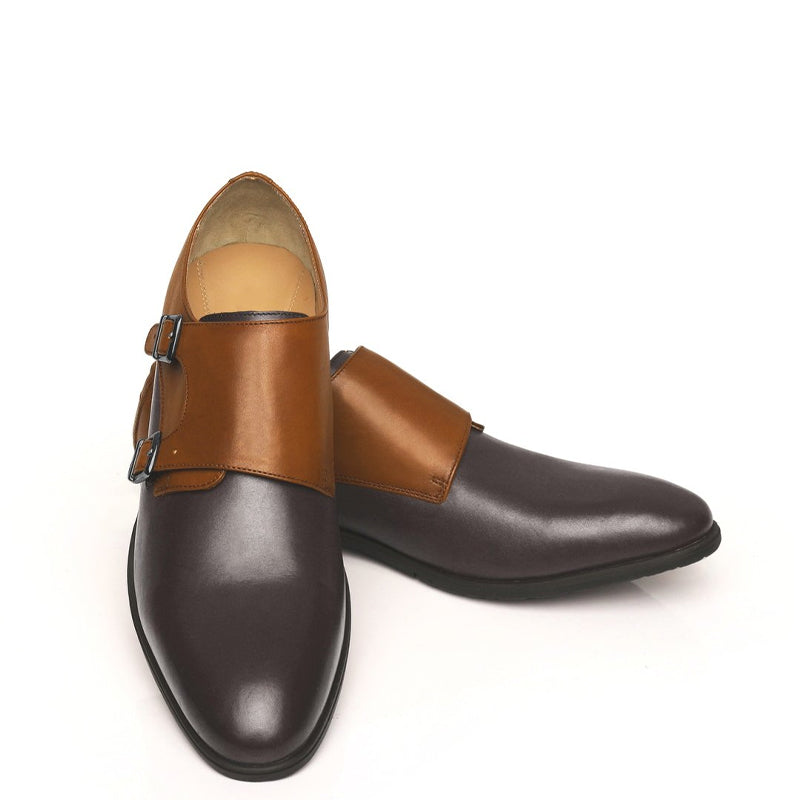 Leather Double Monk Strap Brown and Tan Shoe For Men
