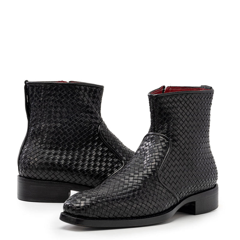 Luxury Stylish Woven Leather Side Zipper Boot Brown