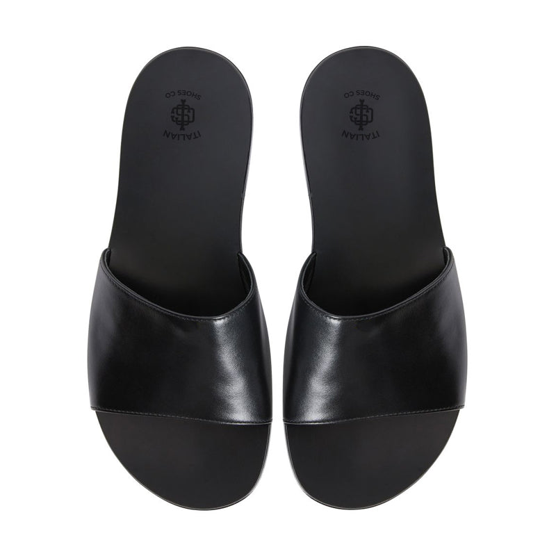 Plain Open Toe Flats Leather Black Slide