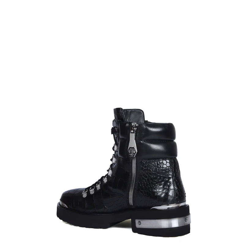 Croco Deep Cut Leather Lace-UP Ankle Boot Black