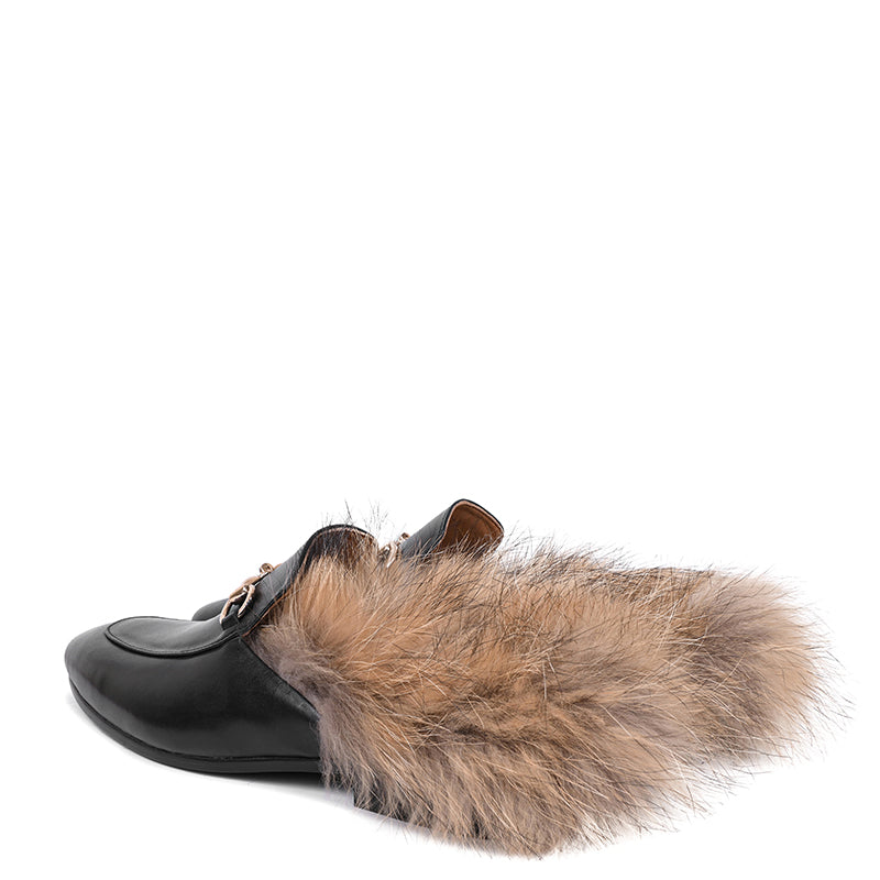 Premium Leather Black Mule With Fur