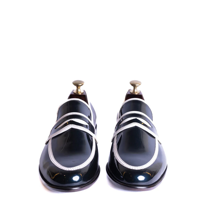 Patent Handmade Shiny Leather Blue and White Loafer