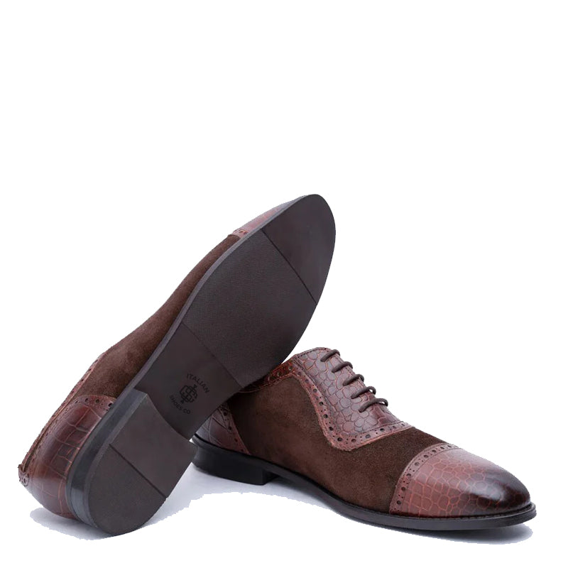 Suede Croco Textured Leather Oxford Shoe Tan/Brown