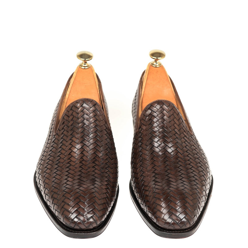 Woven Print Braided Italian Leather Brown Loafer