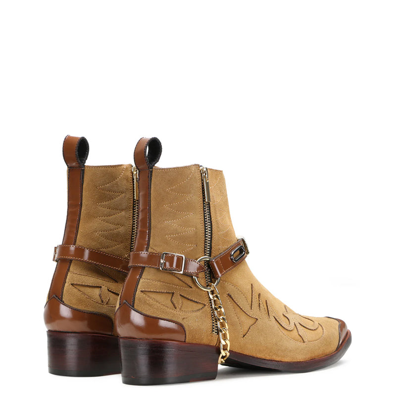Luxury Stylish Leather Side-Zipper Tan Boot With Chain