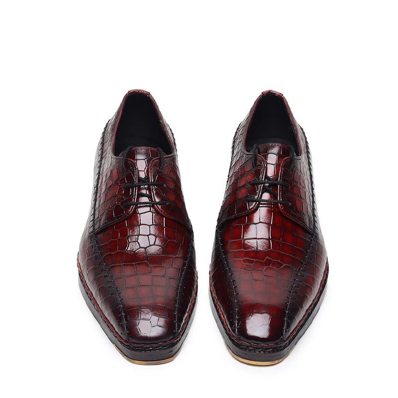 Croco Mirror Glossed Patina Leather Derby Shoe Burgundy