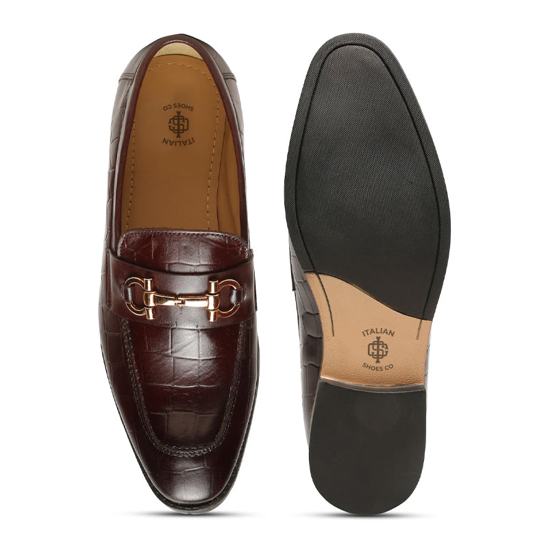 Men Solid Leather Horsebit Buckled Brown Loafer