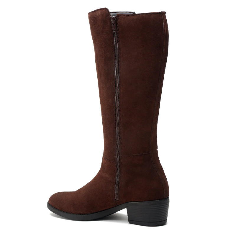 Women Suede Knee High-Top Side Zipper Brown Boot