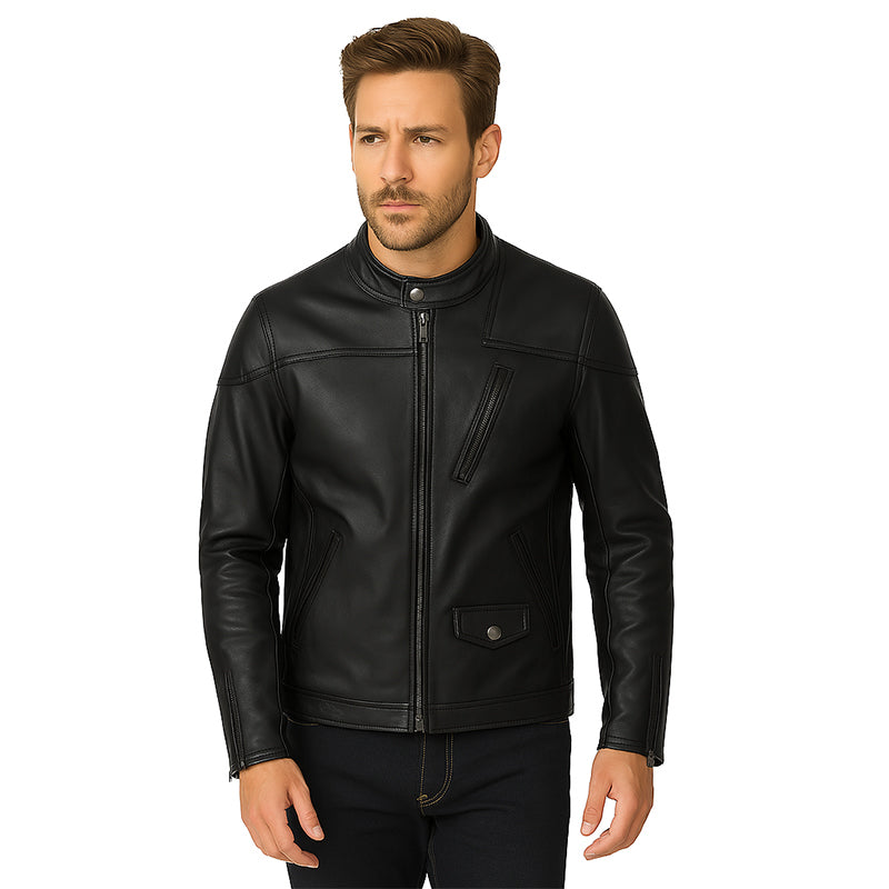 Men’s Zip-Up Vintage Burgundy Biker Jacket with Stand Collar & Pockets