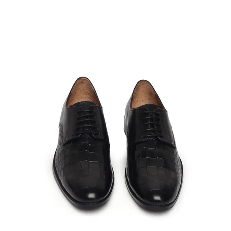 Croco Print Lace-Up Leather Derby Shoe Black