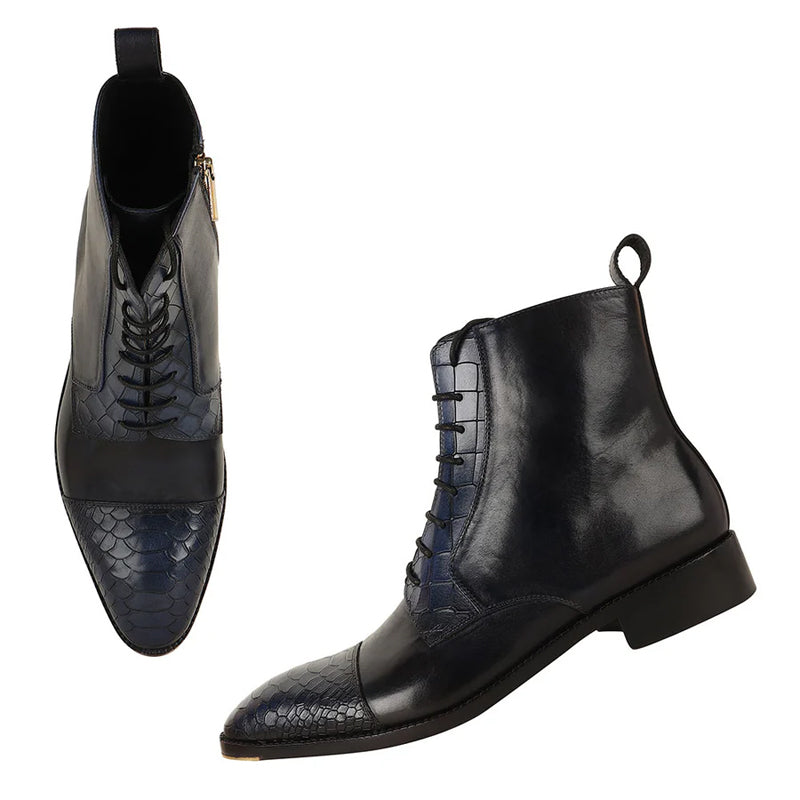 Luxury Croco Leather Cap-Toe Side-Zipper Boot Black & Blue