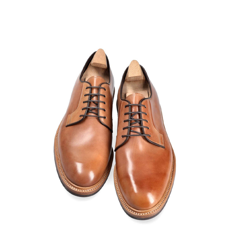 Plain Toe Shiny Leather Pure Handmade Derby Shoes