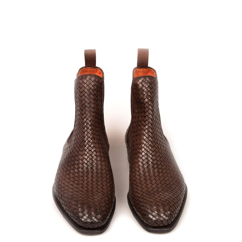 Woven Handmade Solid Leather Chelsea Boot Brown