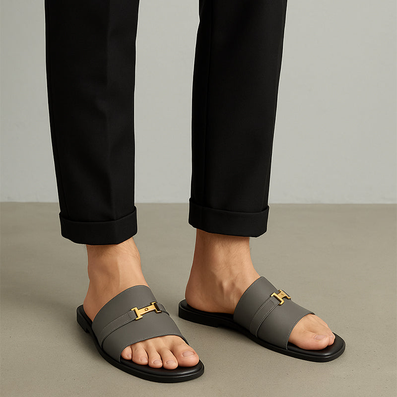 Luxury H-Style Buckle Leather Grey Slipper