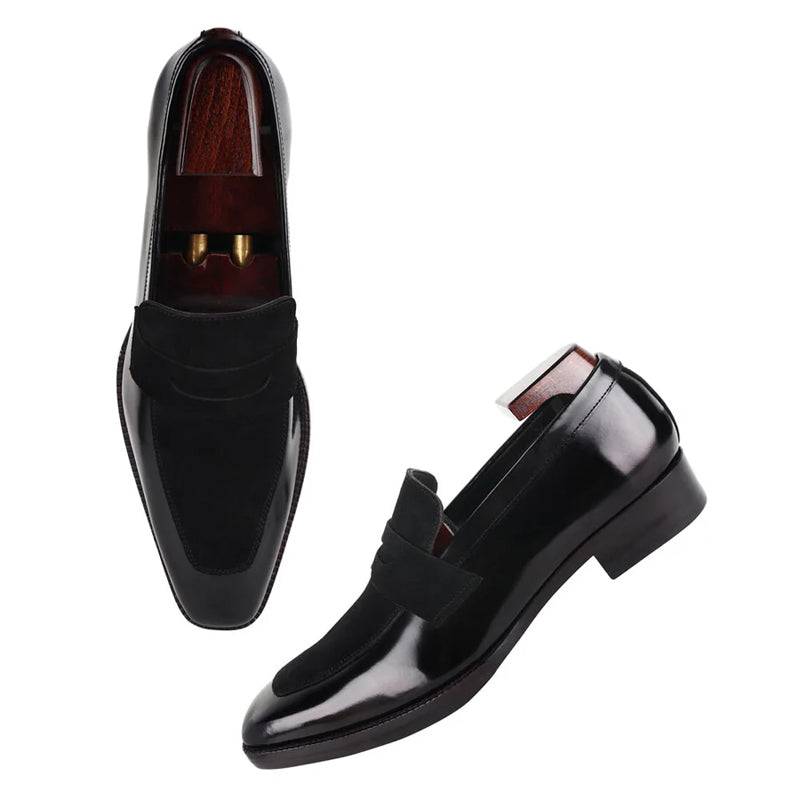 Men Square Toe Suede Leather Penny Black Loafer