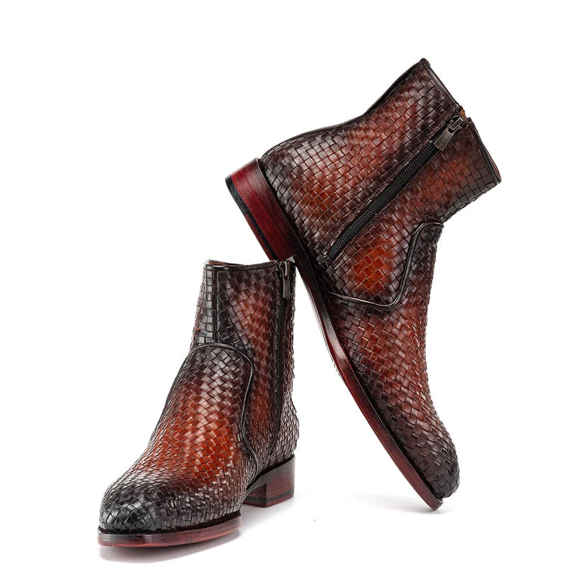Luxury Stylish Woven Leather Side Zipper Boot Brown