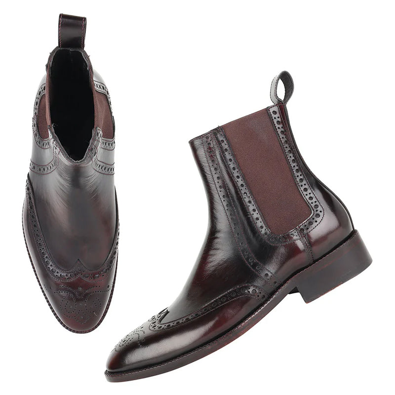 Wingtip Pure Leather Chelsea Burgundy Boot For Men