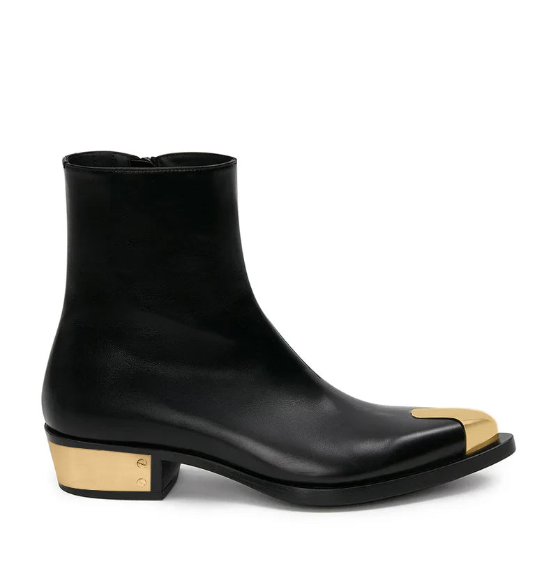 Punk Leather Boots Golden Toe Black Shoe