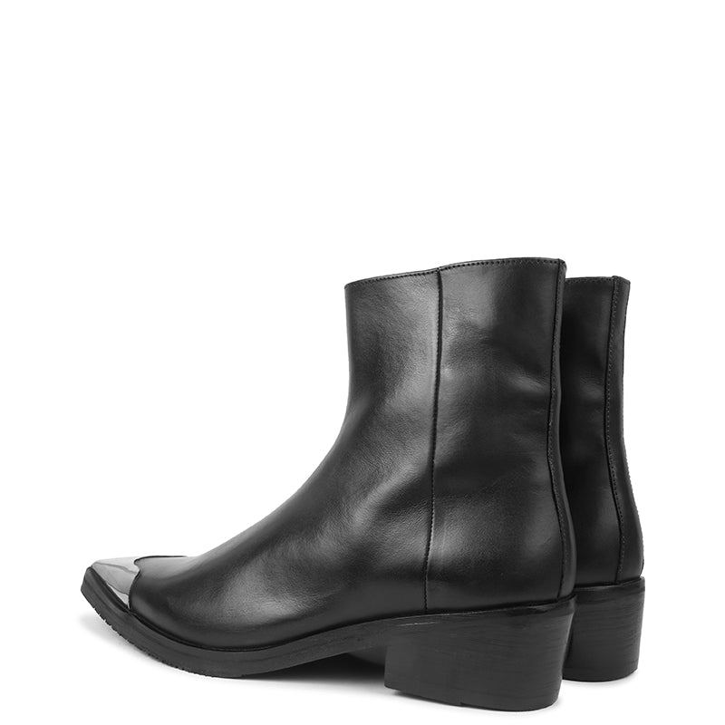 Metallic Toe  Premium Leather Side-Zipper Black Boot