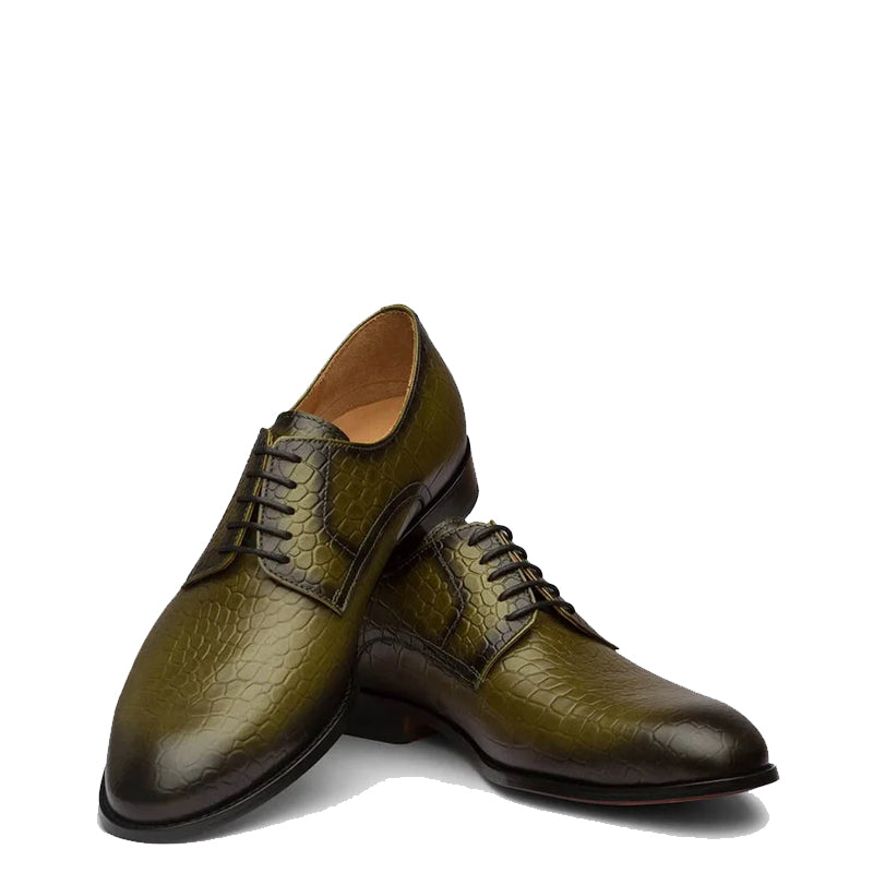 Patina Croco Print Solid Leather Derby Shoe Olive Green