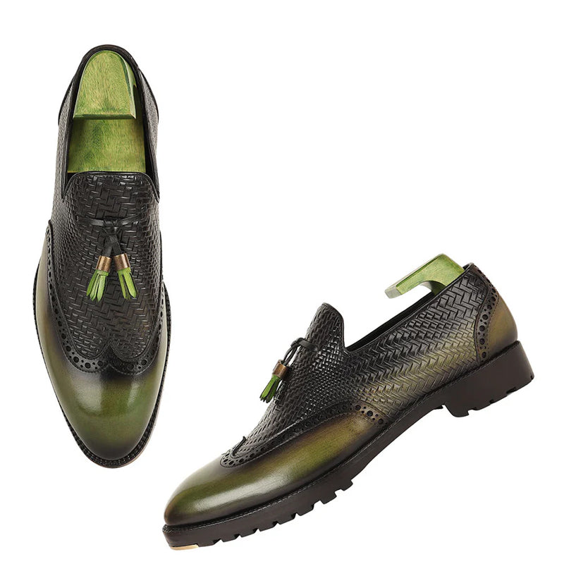 Patina Handmade Wingtip Leather Tassel Loafer Green