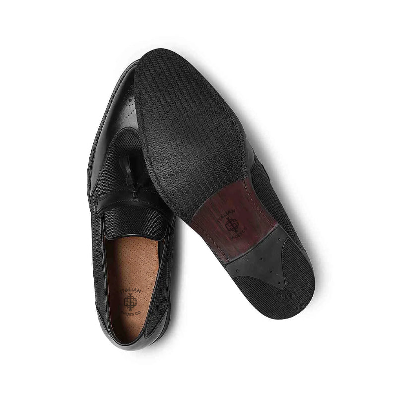 Classic Textured Design Leather Tassel Loafer Black