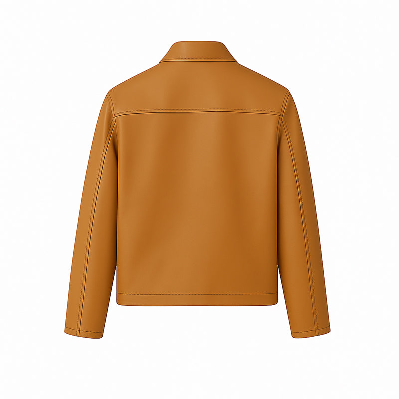 Men's Plain Casual Beige Leather Jacket with Collar