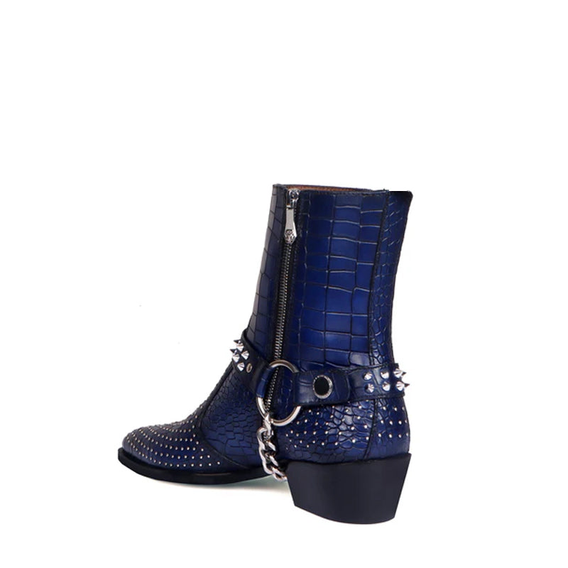 Croco With Silver Studded Buckle Side-Zipper Chain Boots
