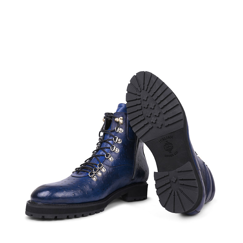 Men Solid Leather Side-Zip Biker Ankle Blue Boot