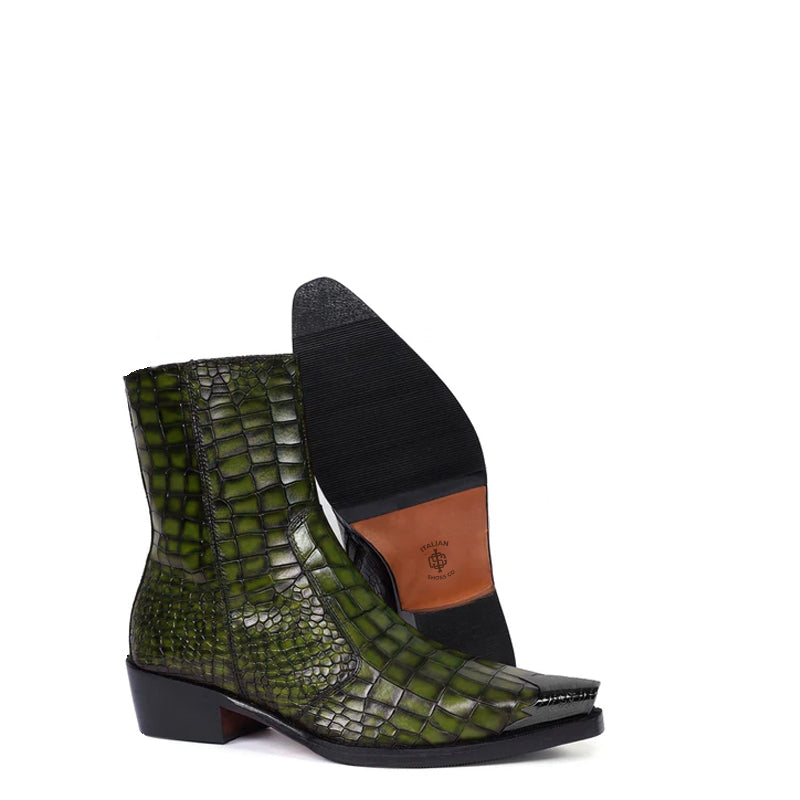 Luxury Croco Print Leather Side-Zipper Boot Black