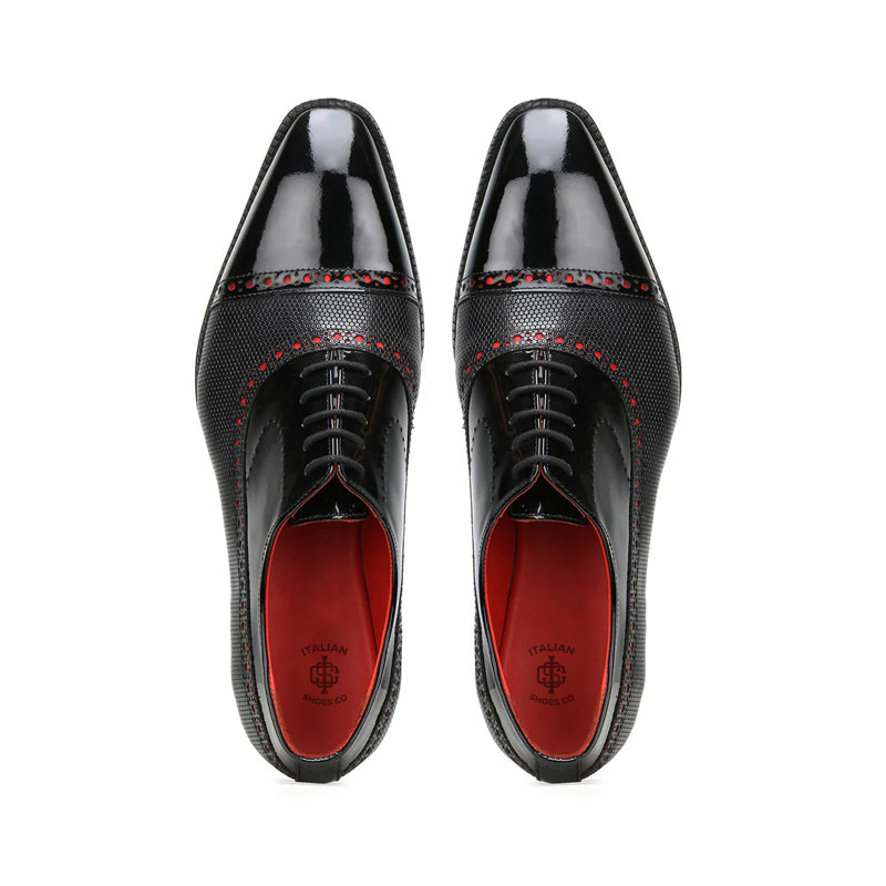 Patent Handmade Dotted Accents Cobalt Oxford Black Shoe