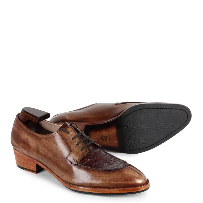 Patina Cuban Heel Croco Leather Derby Shoes