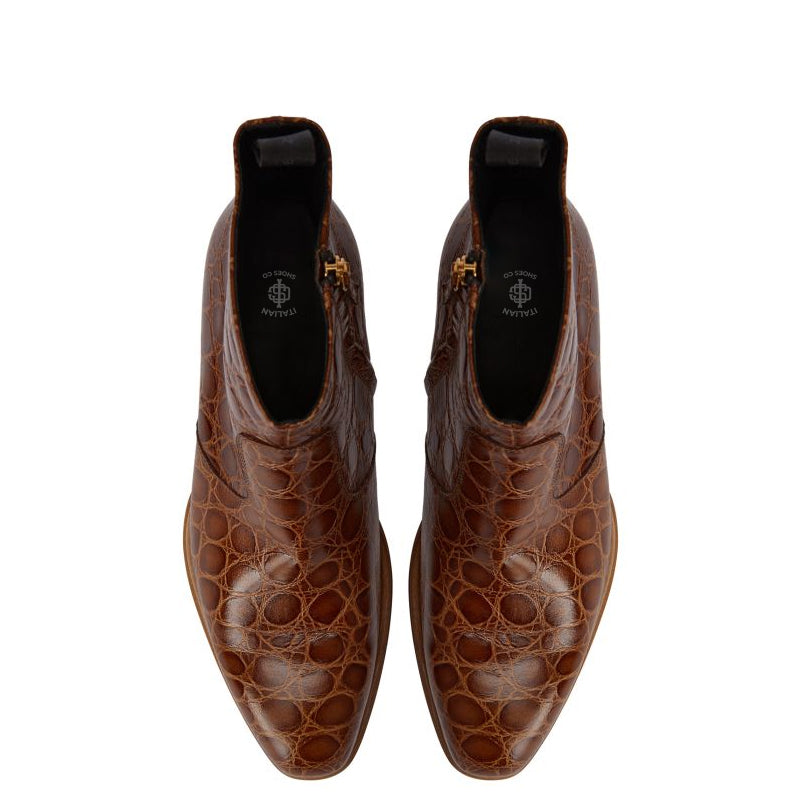 Croco Print Leather Chelsea High Ankle Black Boot