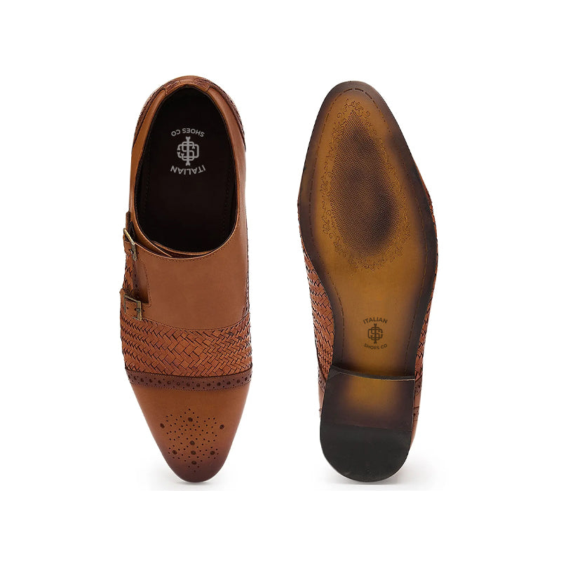 Men Woven Textured Leather Double Monk Shoe Black