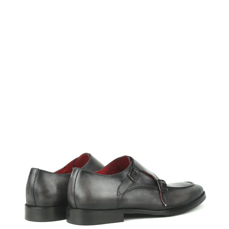Classic Solid Leather Double Monk Shoe Grey