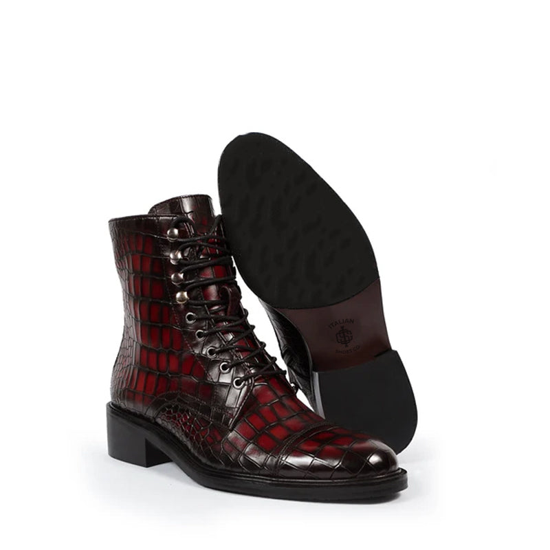 Croco Leather Lace-Up High Ankle Boot Black