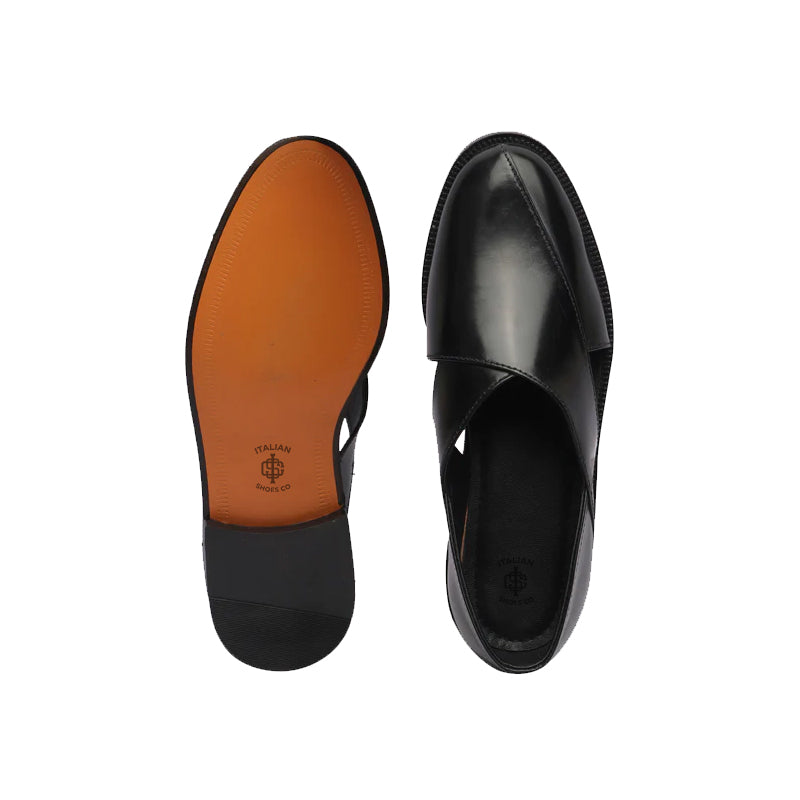 Shiny Leather Closed Comfort Peshawari Black Sandal