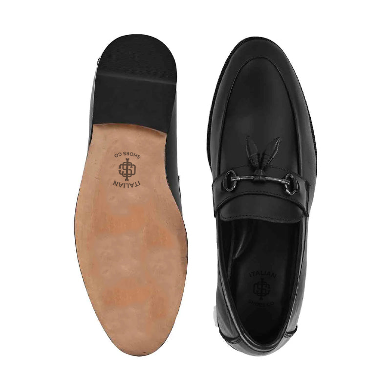 Men Polished Leather Tassel Black Loafer