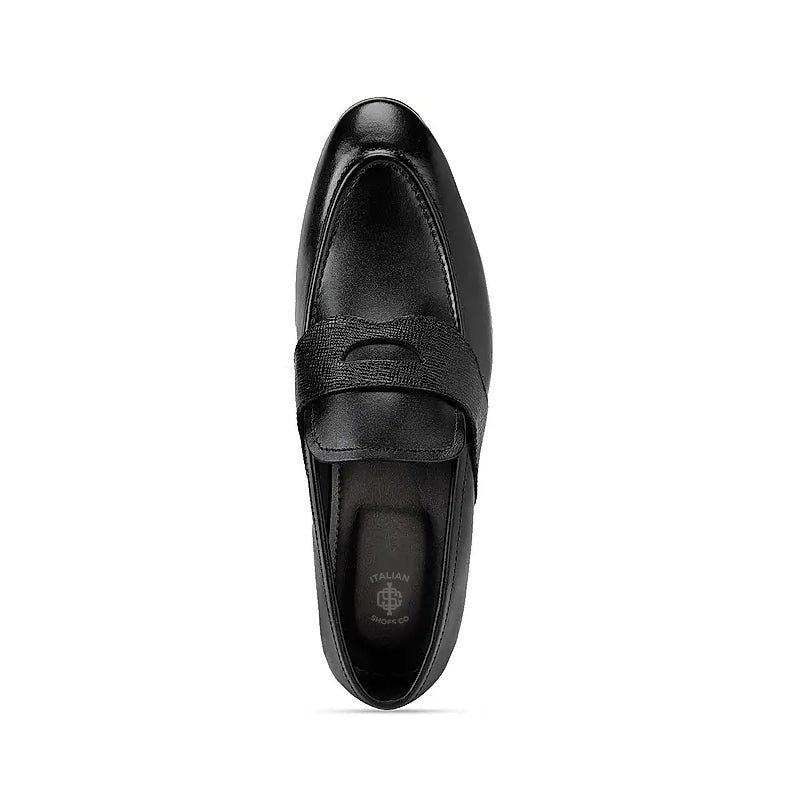 Textured Strap Leather Black Loafer Shoe