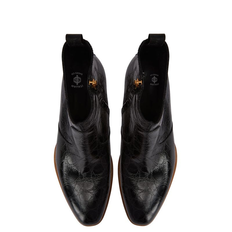 Croco Print Leather Chelsea High Ankle Black Boot