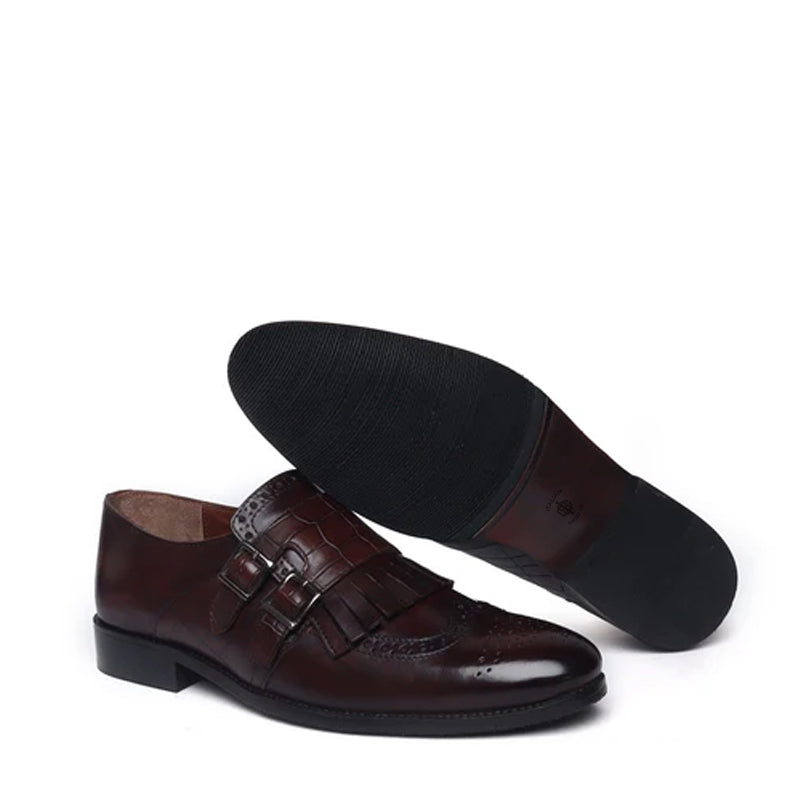 Croco Textured Double Monk Brown Shoe with Fringes