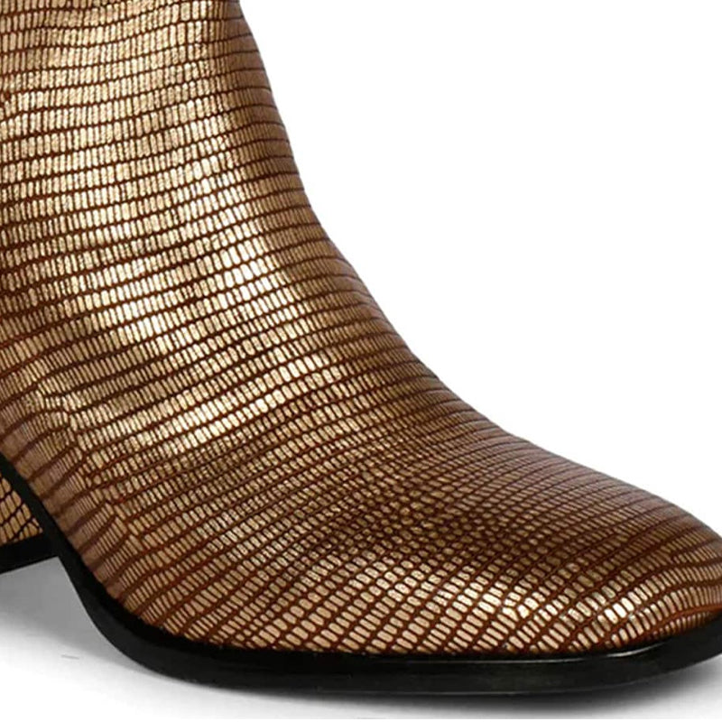 Platin Metallic Lizard Print Leather High Ankle Boot