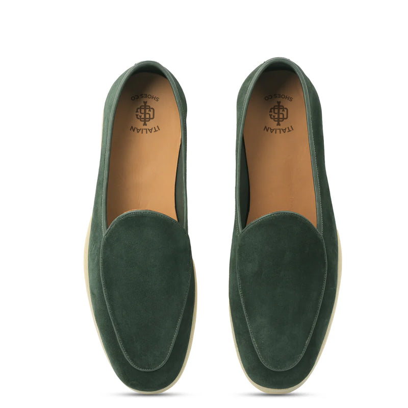Suede Leather Solid Green Loafers For Men