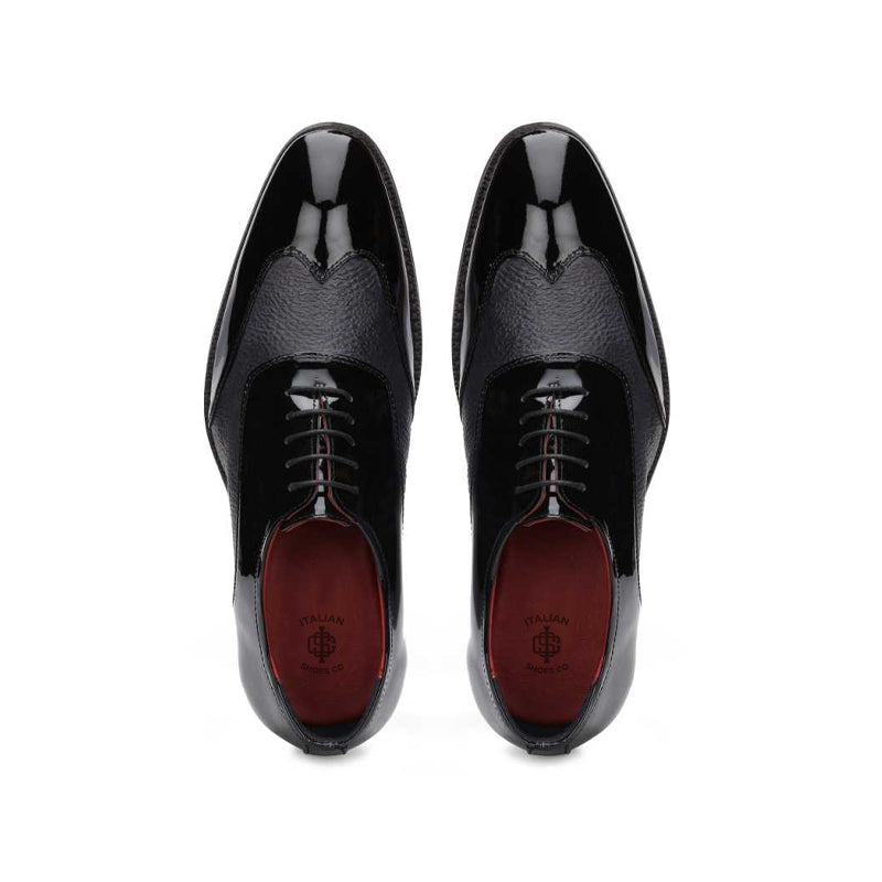 Dual Texture Patent Shiny Leather Oxford Black Shoe